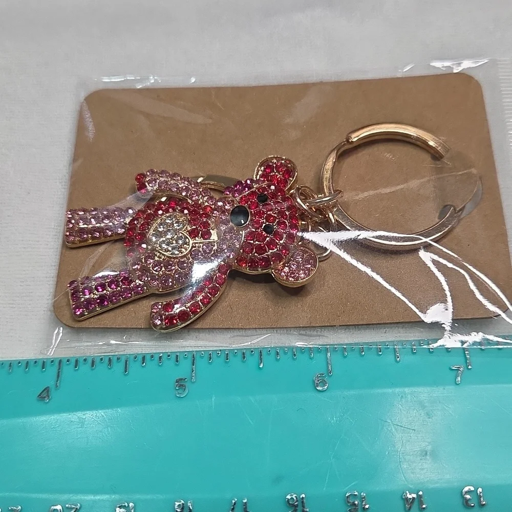 Red Pink Teddy Bear Keychain Bag Charm Purse Charm Rhinestones Crystals New